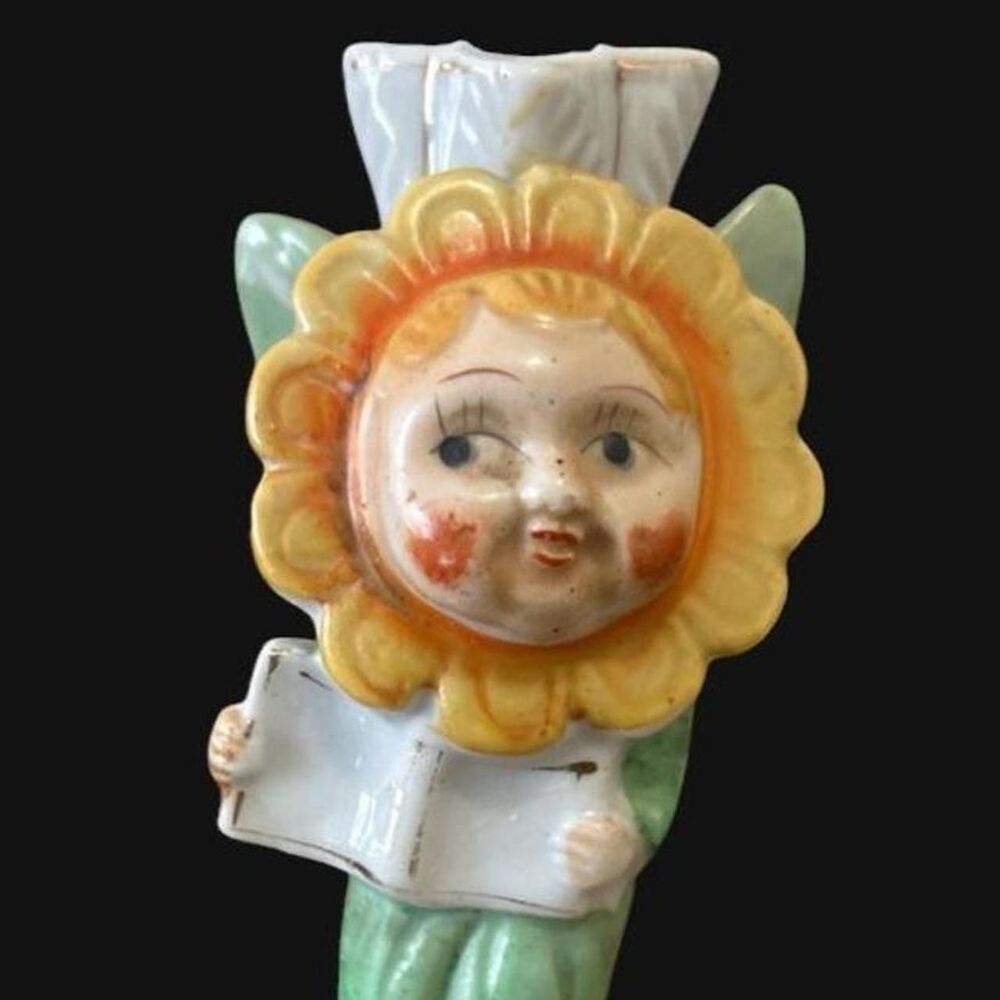 Vintage Anthropomorphic Flower Face Girl Vase Japan Yellow Orange 5.75” Tall